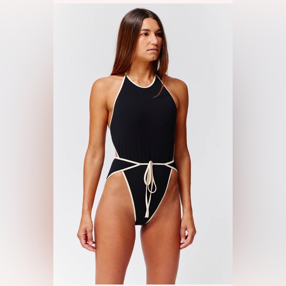 Lisa Marie Fernandez halter wrap maillot in black & natural crepe